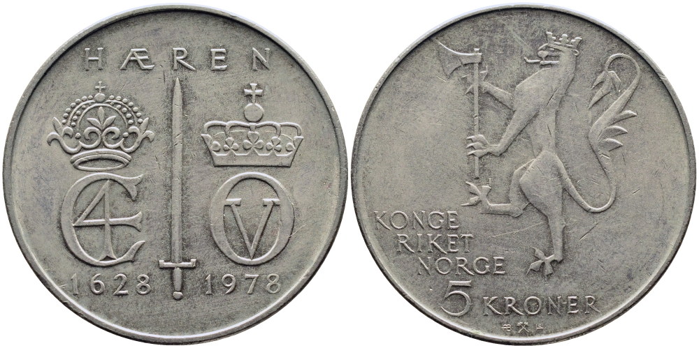 Норвегия 5 крон 1978 350 лет Норвежской армии KM 423 медно-никель 4389-335
