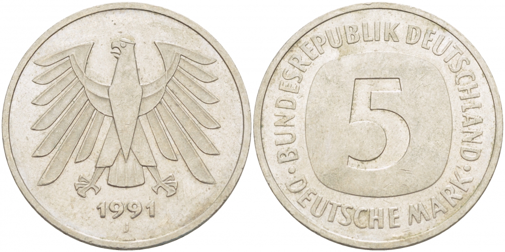 ФРГ 5 МАРОК 1991 J, KM 140.1 медно-никель плакированный никелем 115-823