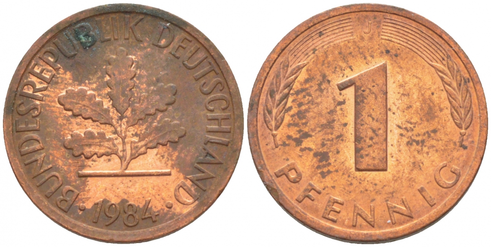 ФРГ 1 ПФЕННИГ 1984 J KM 105, J.380 сталь плакированная медью 4396-1535
