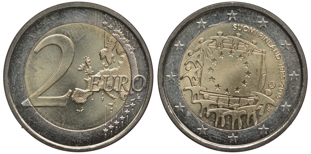 Финляндия 2 евро 2015 30 лет флагу Евросоюза KM 100 биметалл UNC 4397-551
