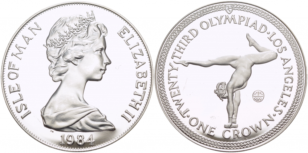 Остров Мэн 1 крона 1984 XXIII летние Олимпийские игры в Лос-Анджелесе 1984 года, художественная гимнастика КМ 119a серебро PROOF 1078-10-62