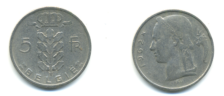 БЕЛЬГИЯ 5 ФРАНКОВ 1962 BELGIE KM 143.1 медно-никель 3999-843