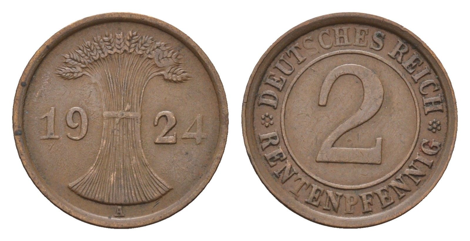 Германия 2 рентенпфеннига 1924 A KM 31, J. 307 бронза 4685-417