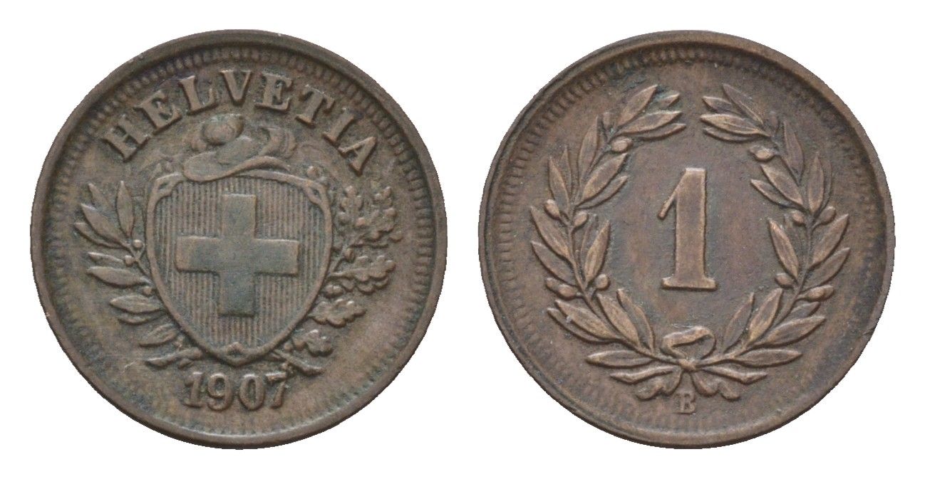 Швейцария 1 раппен 1907 KM 3 бронза 4685-1213