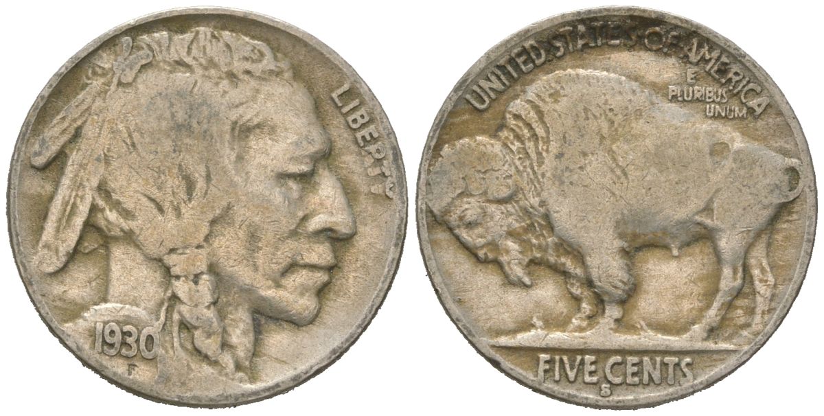 США 5 центов 1930 S, индеец, бизон KM 134 медно-никель 4614-1144