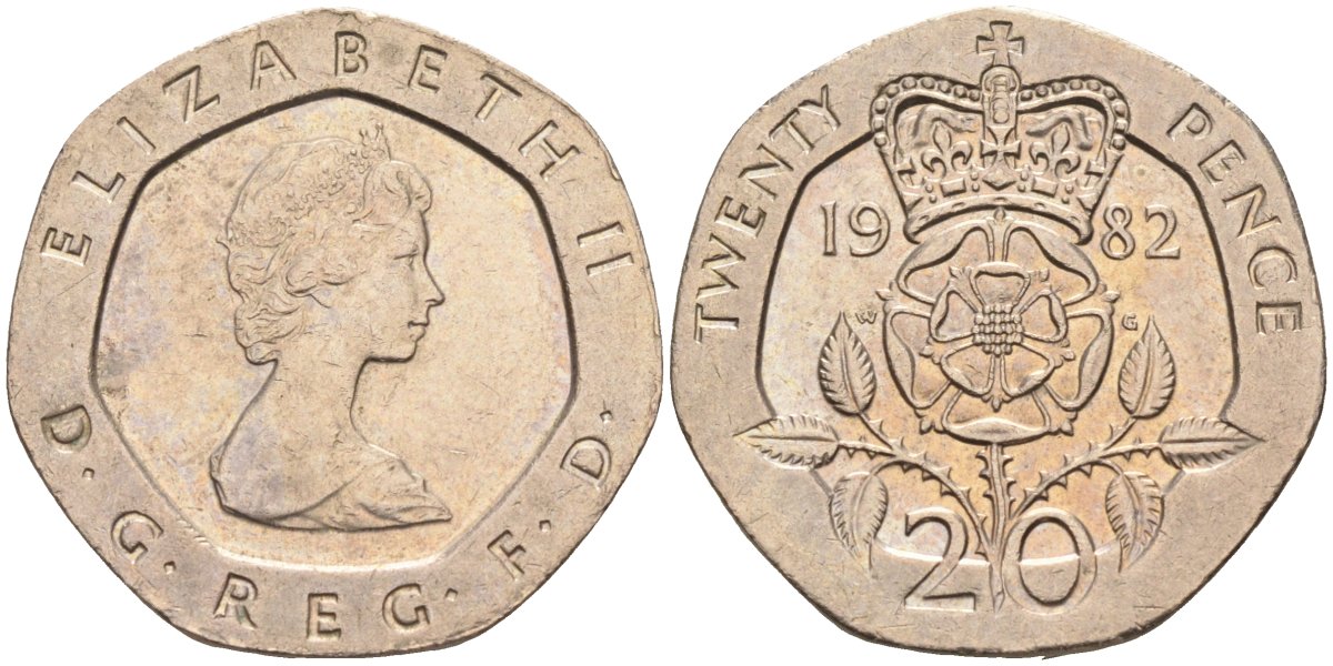 Великобритания 20 пенсов 1982 Елизавета II (1952-2022) KM 931, Spink 4230 (G1) медно-никель 4116-921