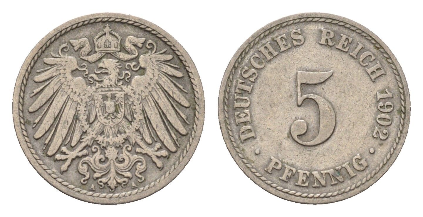Германия 5 пфеннигов 1902 A, Вильгельм II (1888-1918) KM 11, J. 12 медно-никель 4632-1233