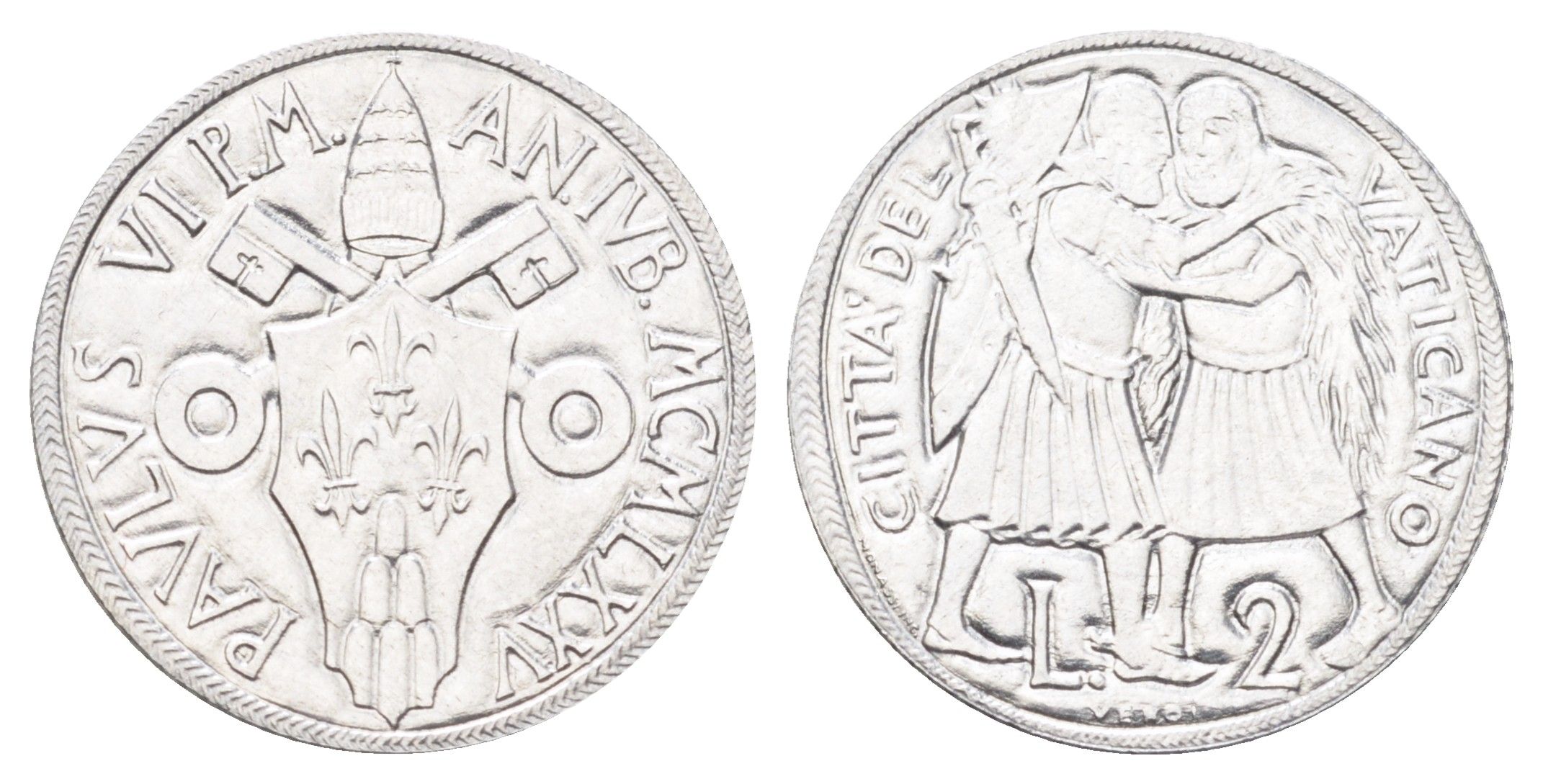 Ватикан 2 лиры 1975 MCMLXXV, Священный год, Павел Vi, год-тип KM 125 алюминий UNC 4701-526