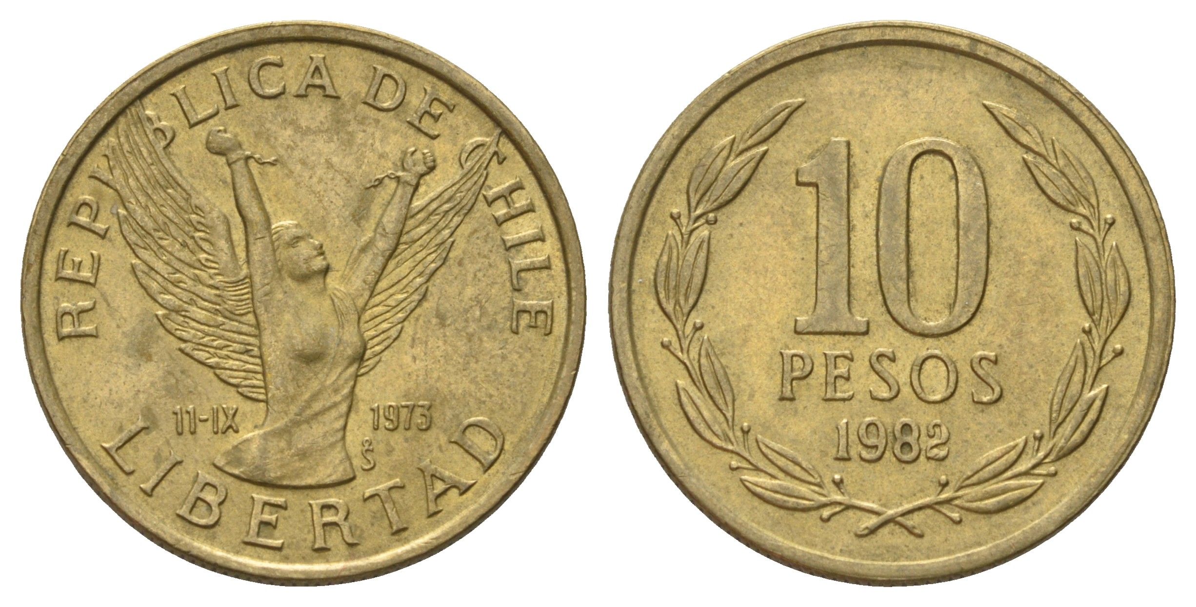 Чили 10 песо 1982 KM 218 латунь UNC 4155-135