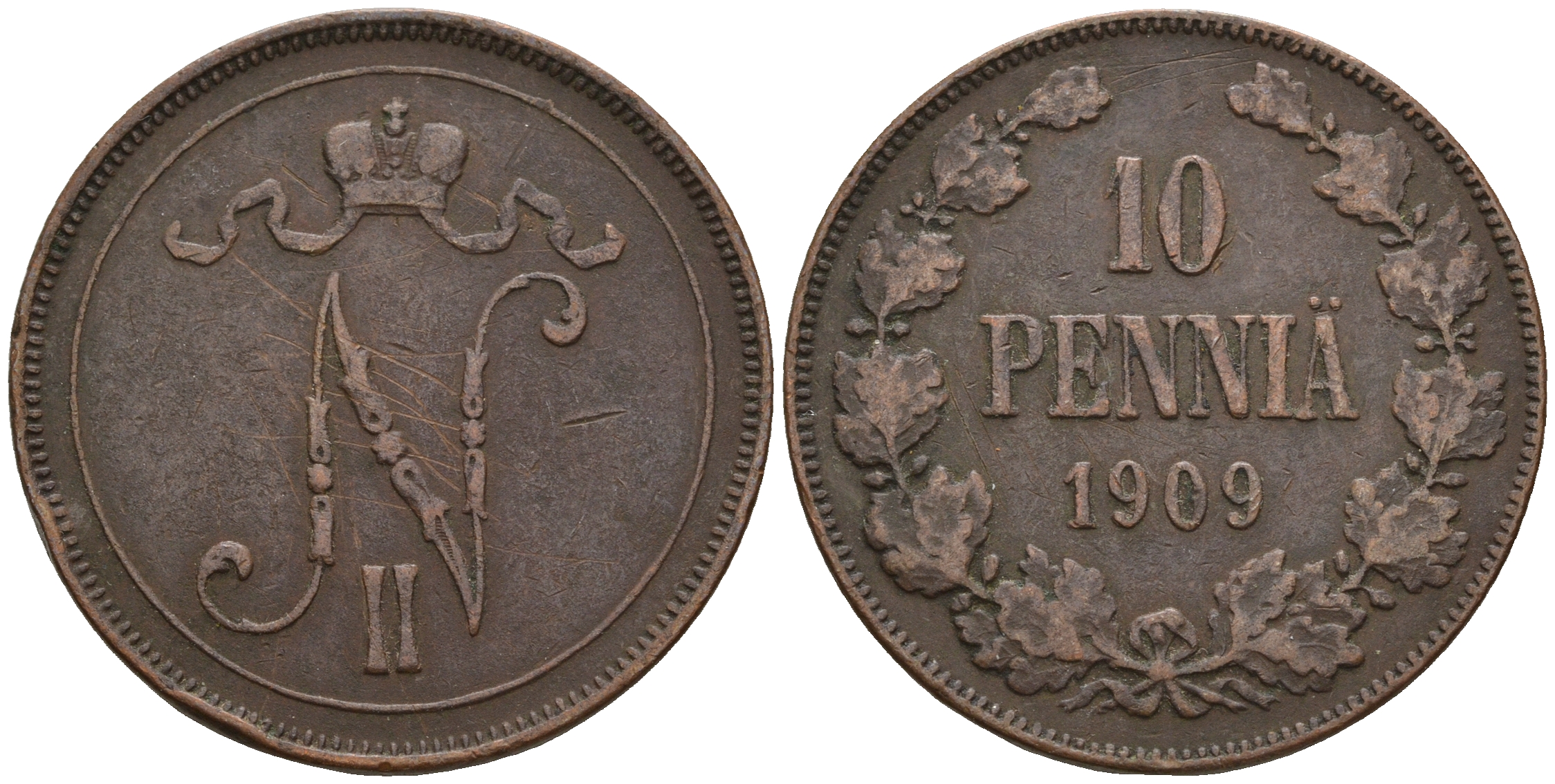 Россия для Финляндии 10 пенни 1909 Николай II (1894-1917) Биткин 432 медь 221-343