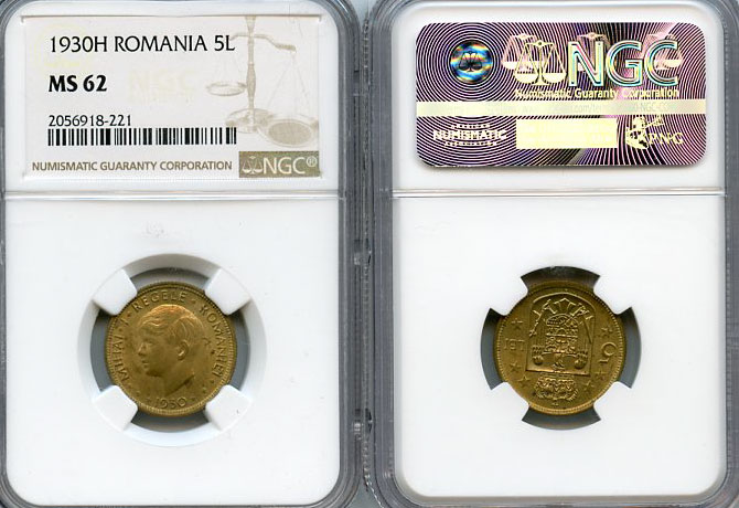 Румыния 5 лей 1930 в слабе NGC, грейд MS 62 KM 48 никель латунь UNC 15-011-10