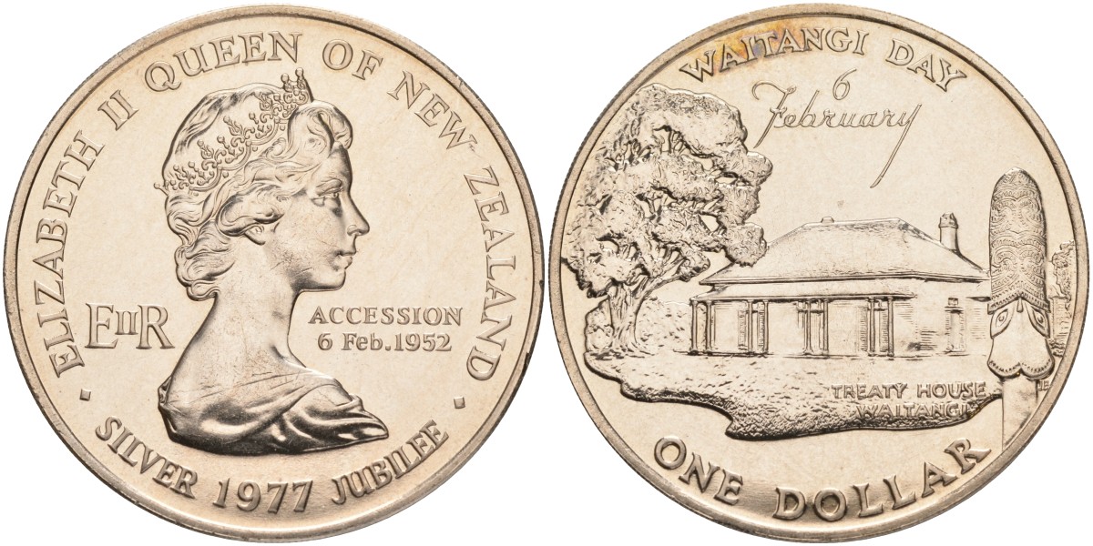 Новая Зеландия 1 доллар 1977 день Вайтанги 6 февраля, дом Джеймса Басби, Елизавета II (1952-2022) KM 46 медно-никель UNC 4552-1132