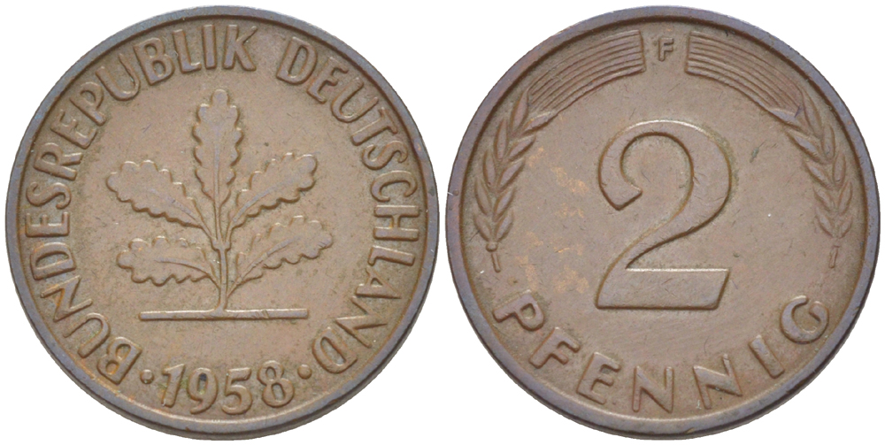 ФРГ 2 ПФЕННИГА 1958 F KM 106, J. 381 бронза 4181-716
