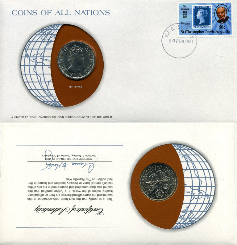 Восточно-Карибские штаты, Сент-Киттс 50 центов 1965 конверт с маркой первого дня гашения, Coins of Nations KM 7 медно-никель UNC 4294-73-2
