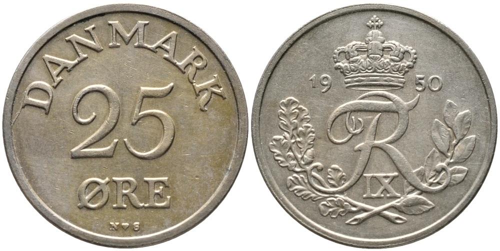 Дания 25 эре 1950 N,S, Фредерик IX (1947-1972) KM 842.1 медно-никель 28-1114