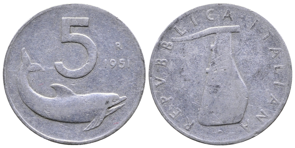 ИТАЛИЯ 5 ЛИР 1951 R, РУЛЬ, ДЕЛЬФИН KM 92 алюминий 51-2357