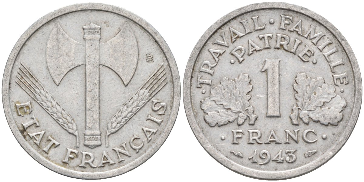 Франция 1 франк 1943 правительство Виши, тип Legere KM 902.1, Le Franc 223.3 алюминий 4116-1224
