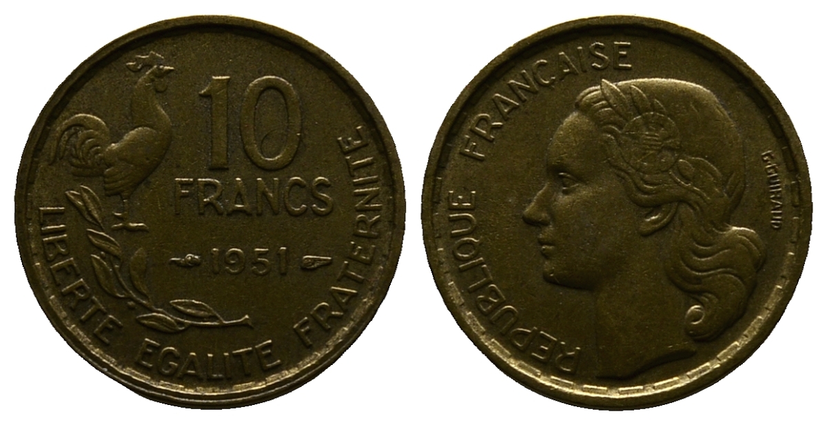 Франция 10 франков 1951 петух KM 915.1, Le Franc 363.4 алюминиевая бронза 261-745