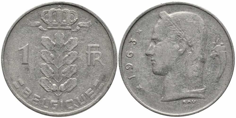 Бельгия 1 франк 1963 Belgique, Бодуэн I (1951-1993) KM 142.1 медно-никель 4175-252