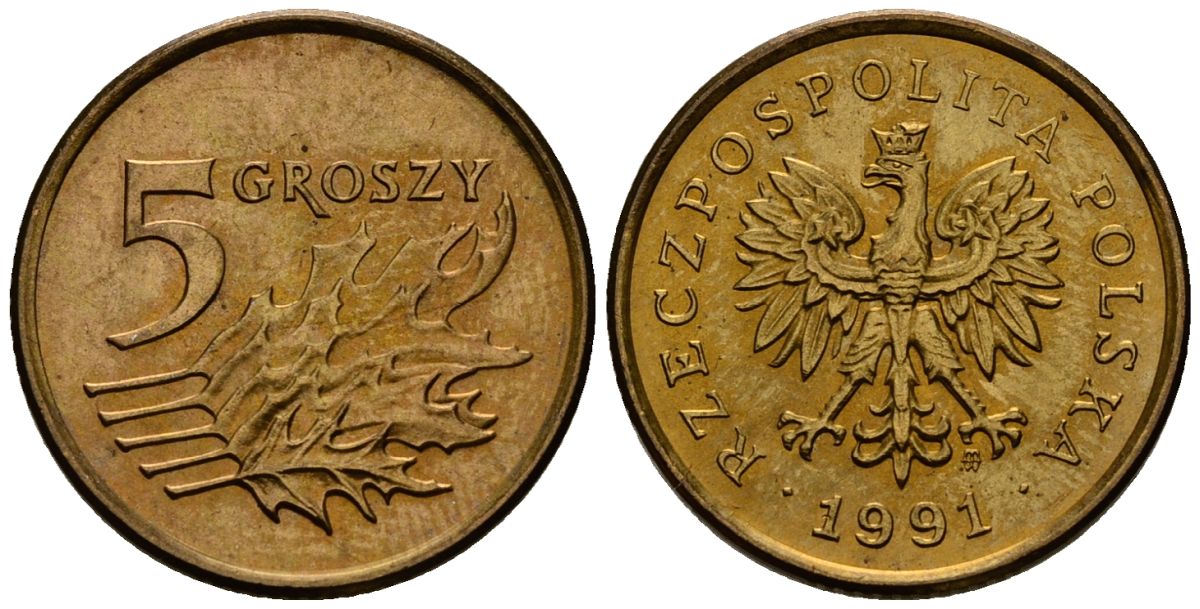 Польша 5 грошей 1991 Y 278 латунь 4164-959