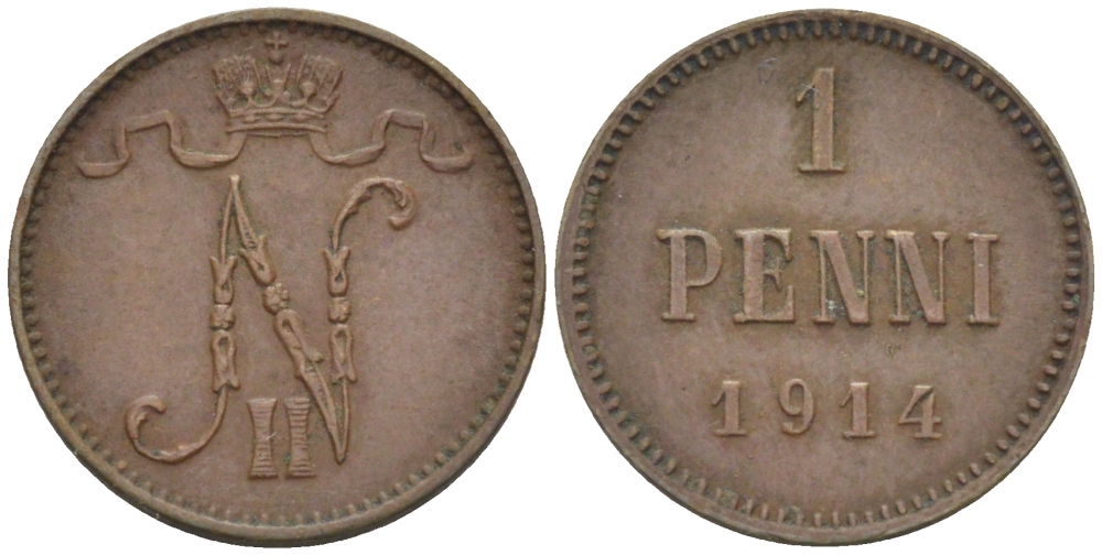 Россия для Финляндии 1 пенни 1914 Николай II (1894-1917) KM 13, Биткин 474 медь 261-1111