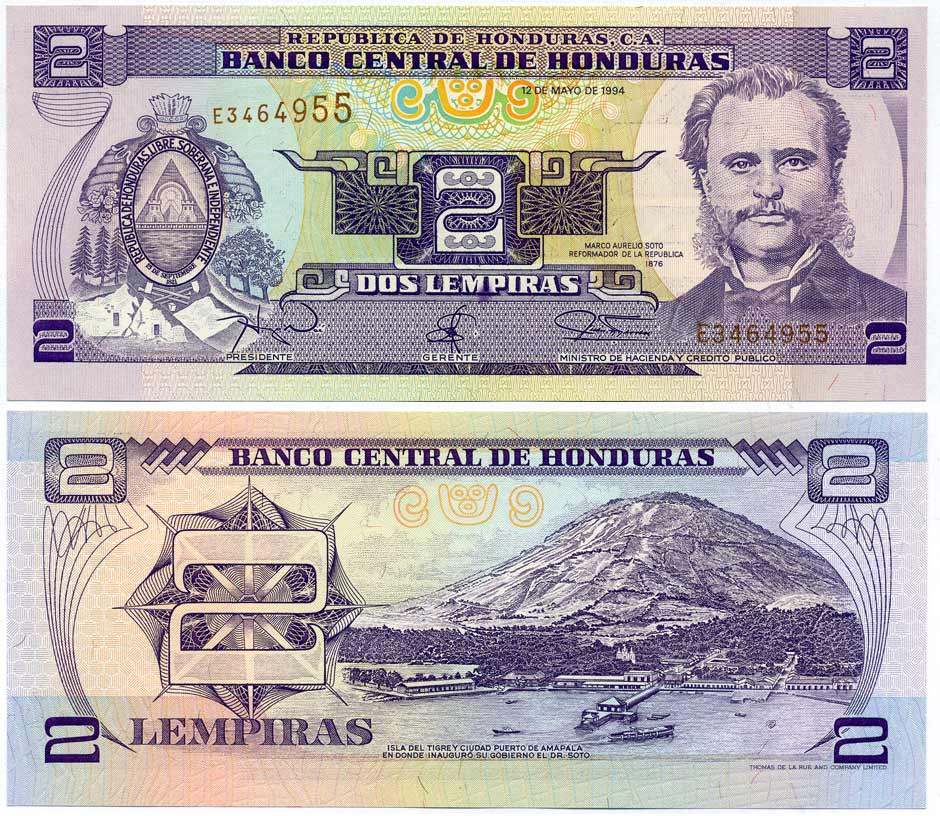 Гондурас 2 лемпира 1994 Марко Аурелио Сото, президент Pick 72 c бумага UNC (пресс) 8592-24-2-2