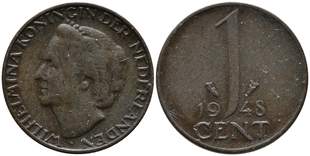 Нидерланды 1 цент 1948 Вильгельмина (1890-1948), год тип KM 175 бронза 3458-246