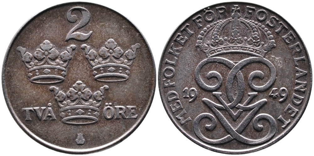 Швеция 2 эре 1949 длинная 9, Густав V (1907-1950) KM 811 железо 4388-1126