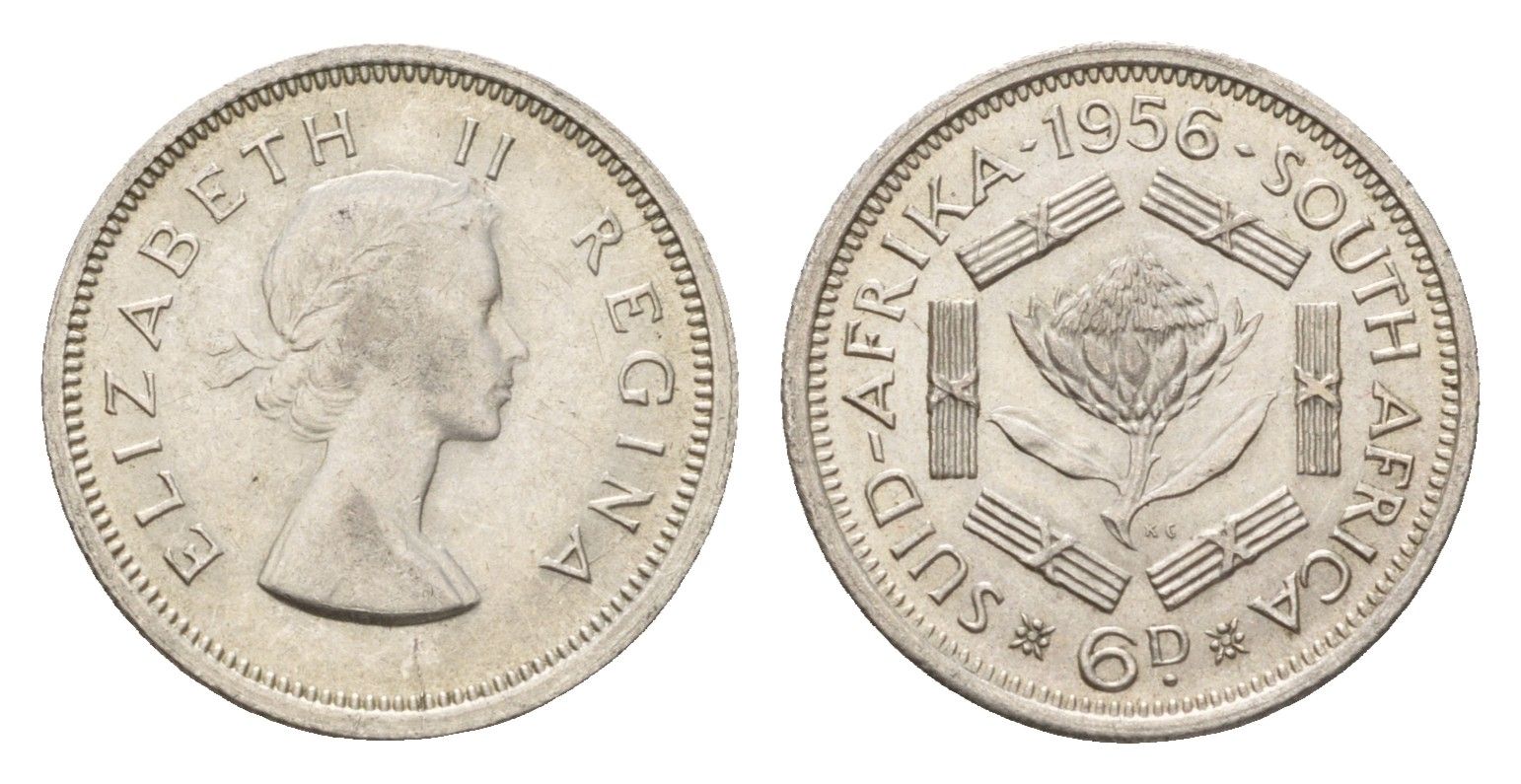 ЮАР 6 пенсов 1956 Елизавета II (1952-2022) KM 48 серебро 220-1154