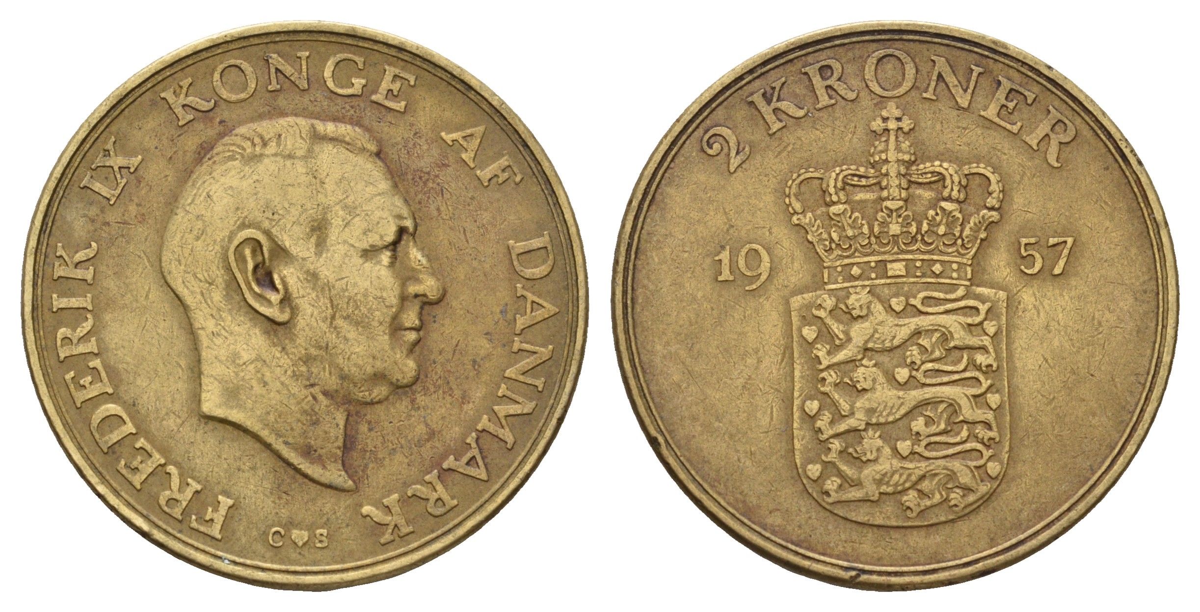 Дания 2 кроны 1957 C, Фредерик IX (1947-1972) KM 838 алюминиевая бронза 4653-833