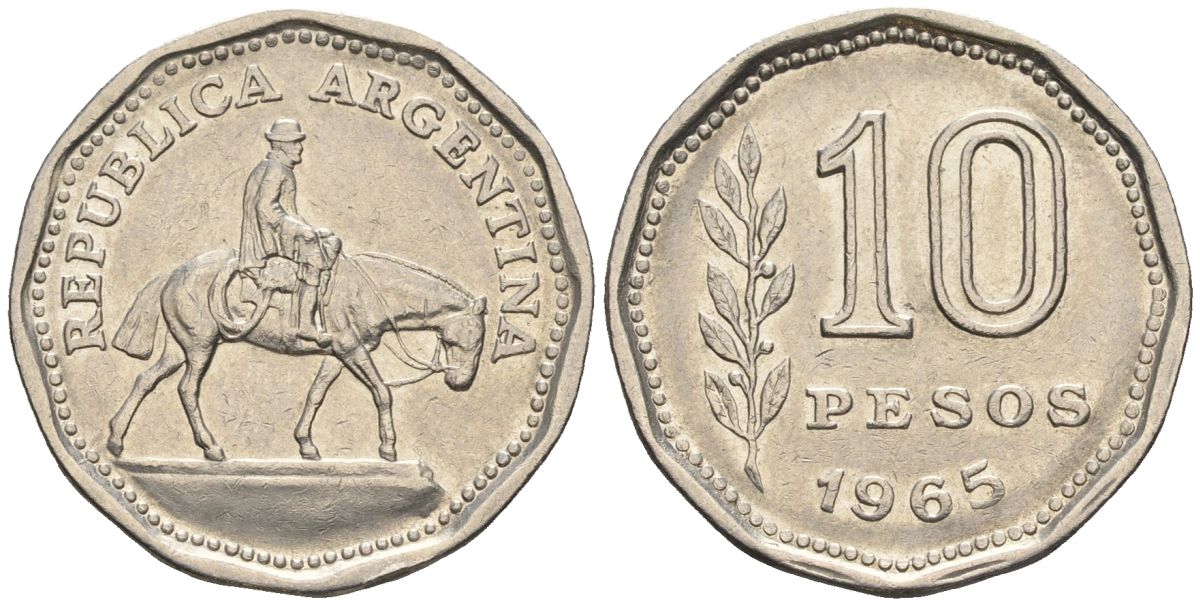 Аргентина 10 песо 1965 Гаучо KM 60, Schon 60, CJ 284 никелированная сталь    60-943