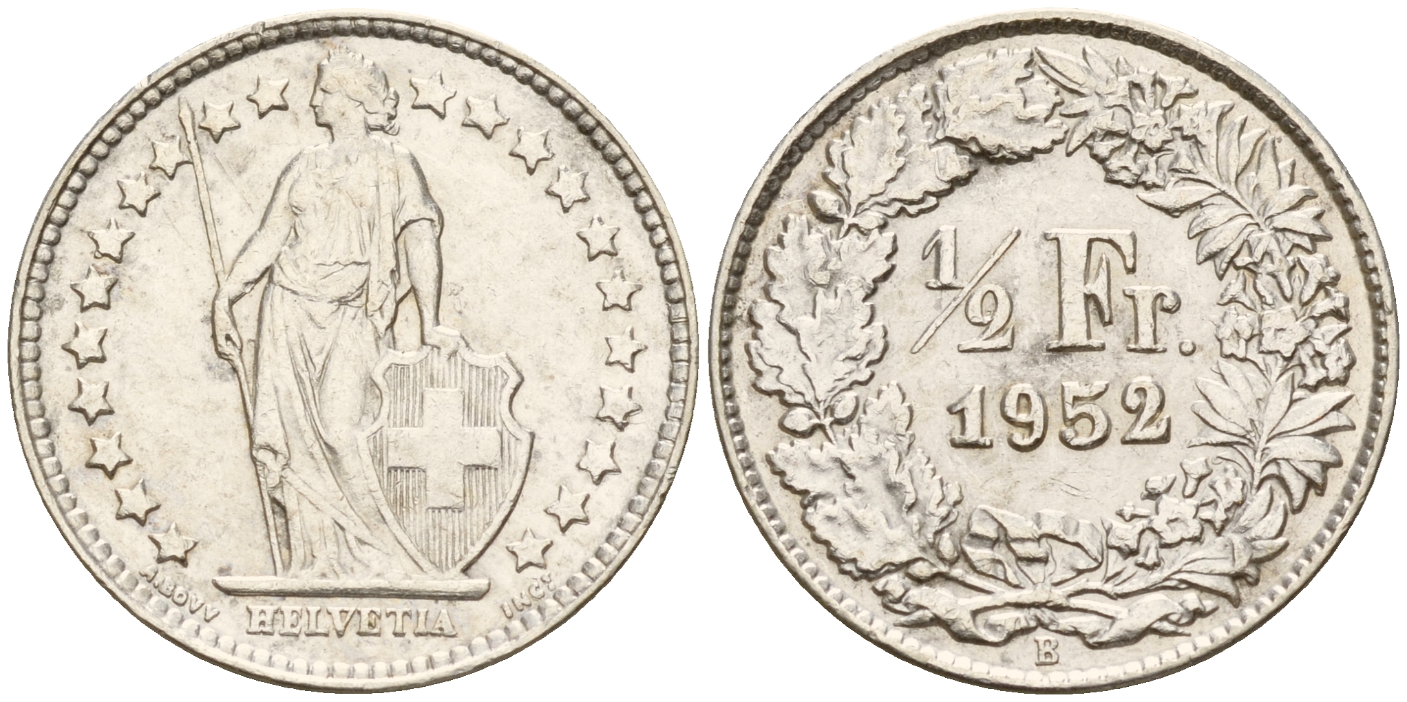 Швейцария 1/2 франка 1952 В  KM 23  серебро    4160-369