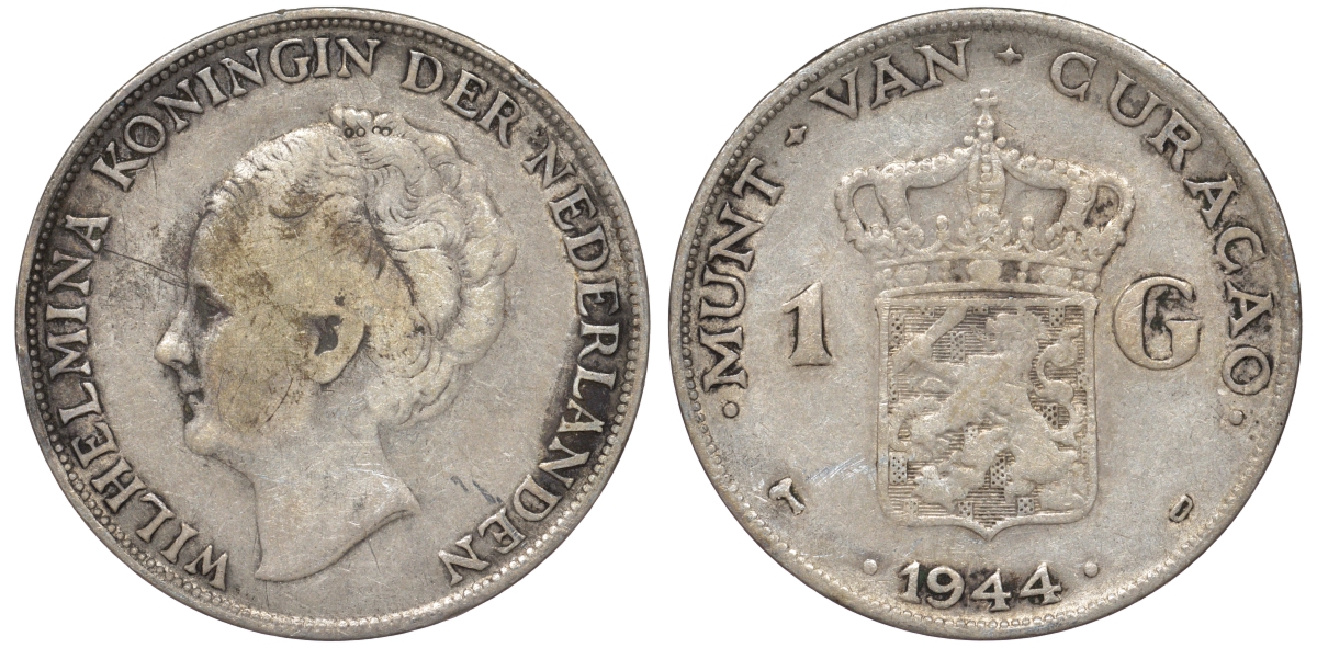 Нидерландское Кюрасао 1 гульден 1944 D, Вильгельмина (1890-1948) KM 45 серебро 36-122