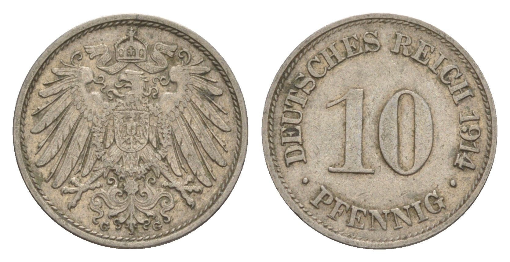 Германия 10 пфеннигов 1914 G, Вильгельм II (1888-1918) KM 12, J. 13 медно-никель 4640-334