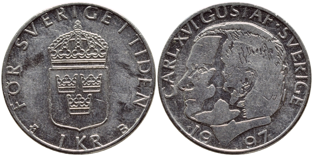 Швеция 1 крона 1997 Карл XVI Густав (1973- ) KM 852a медно-никель 4382-1034