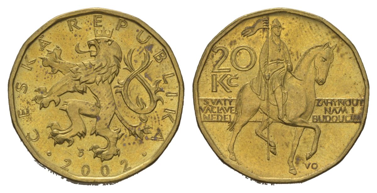 Чехия 20 крон 2002 чешский лев, герцог Вацлав на коне KM 5 сталь плакированная латунью aUNC 4622-424