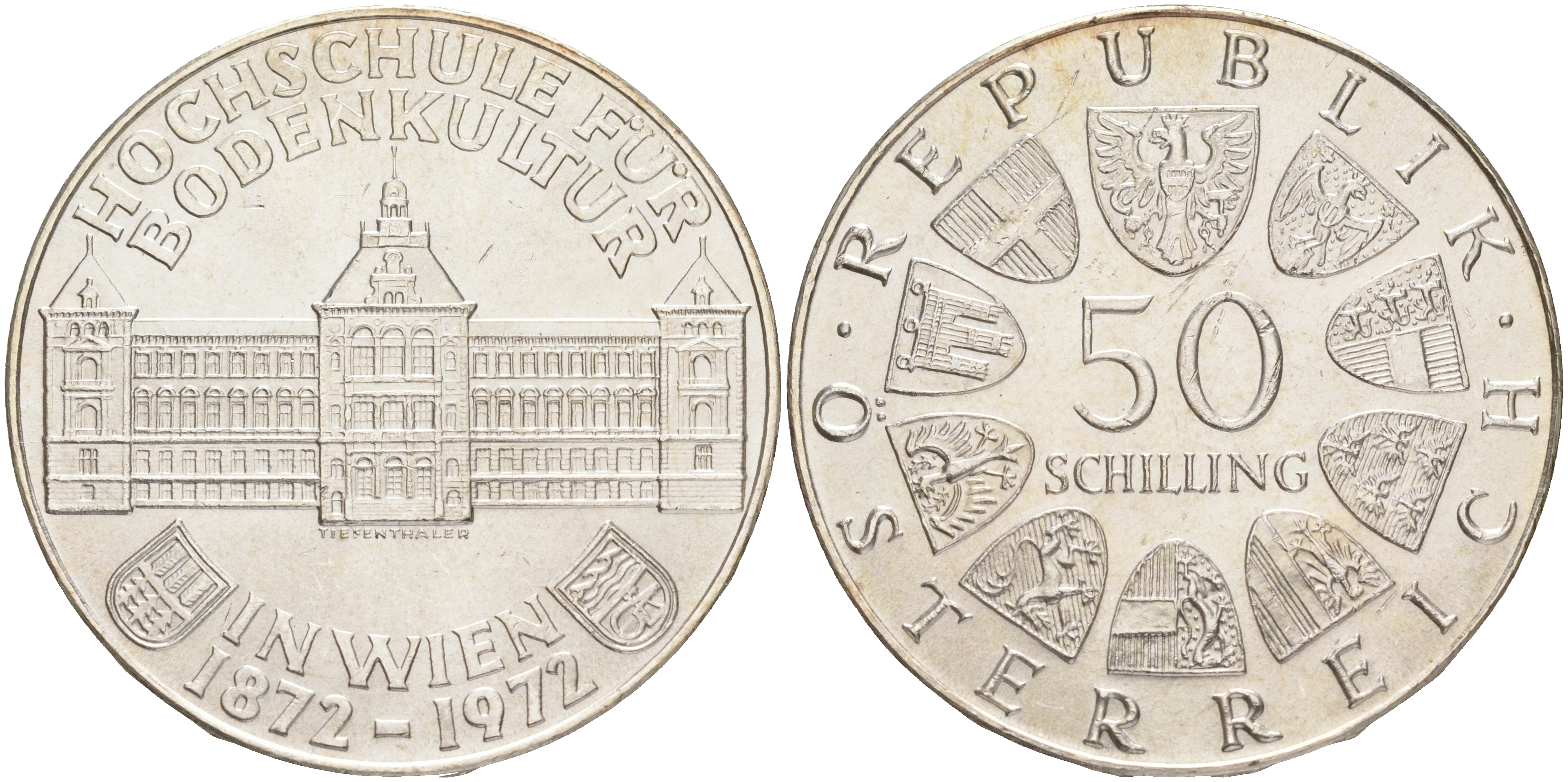 Австрия 50 шиллингов 1972 100 лет образования Сельскохозяйственного института KM 2914 серебро aUNC 4557-323