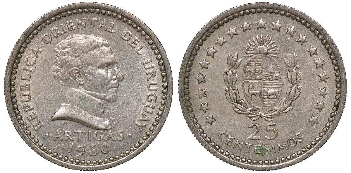 Уругвай 25 сентесимо 1960 KM 40 медно-никель 4169-921