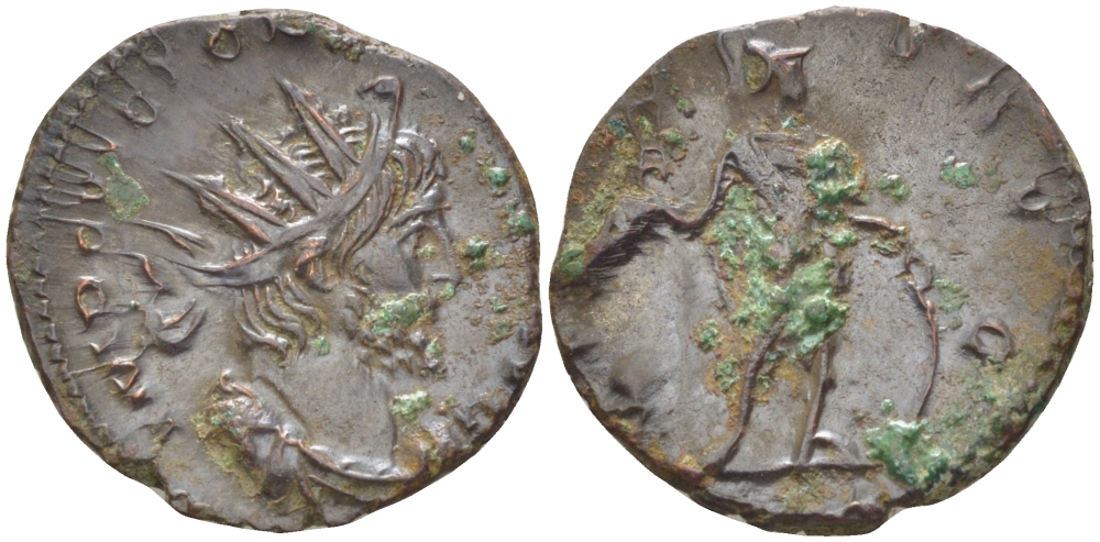 Римская Империя (императоры в Галлии) антониниан 270 - 271 Викторин. VIRTVS AVGG, Марс, держащий копье, Августа Треверов, Good Very fine RIC 78 биллон 1073-14-34