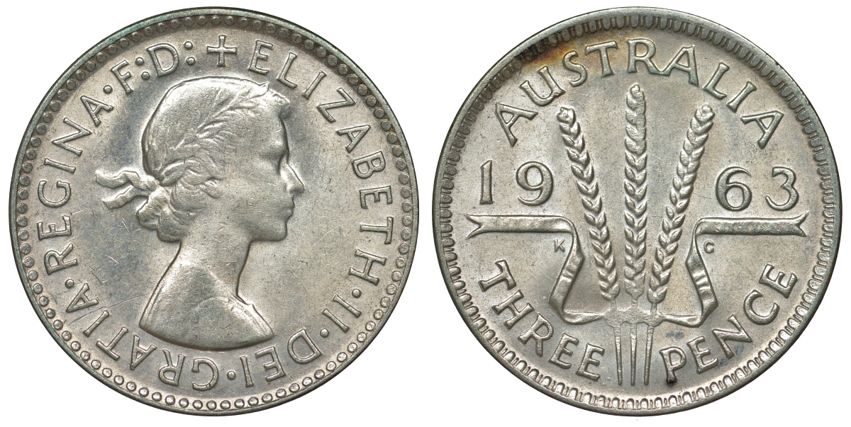 Австралия 3 пенса 1963 m, Елизавета II (1952-2022) KM 57 серебро 71-934
