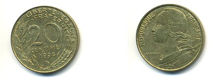 Франция 20 сантимов 1995 тип Marianne KM 930, Le Franc 156.39 медь алюминий никель  54-1521