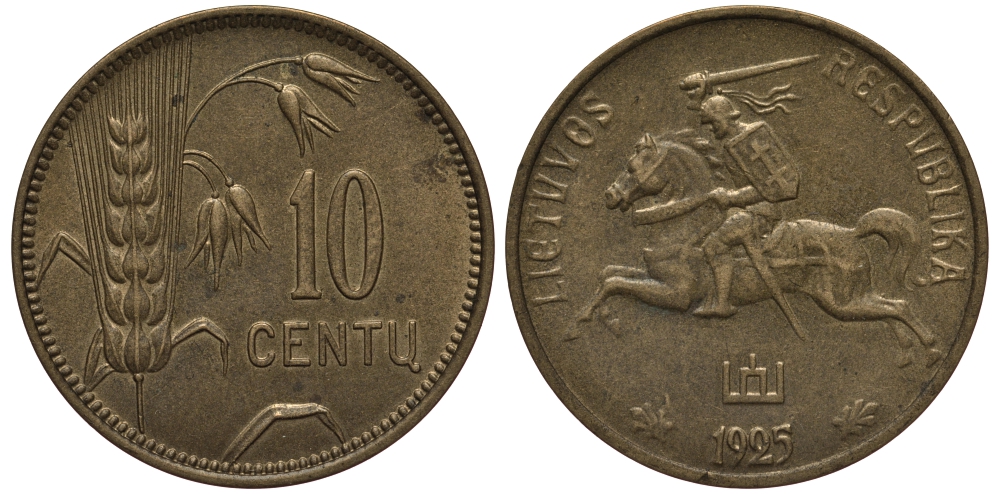 ЛИТВА 10 ЦЕНТОВ 1925 РЕСПУБЛИКА (1918-1940) KM 73 алюминиевая бронза 119-134