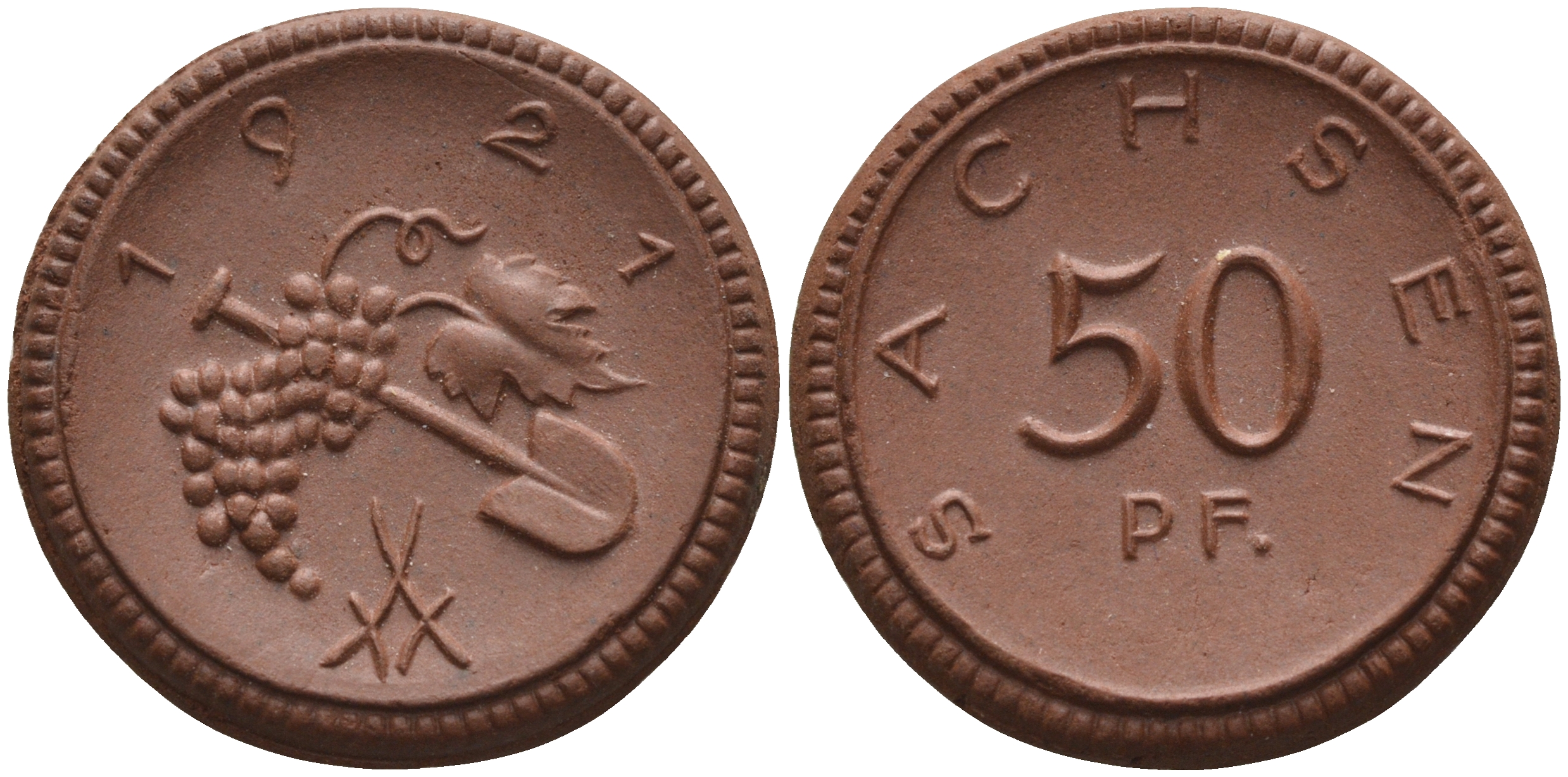 Саксония 50 пфеннигов 1921 виноград и лопата J. N 54 фарфор 1094-6-84