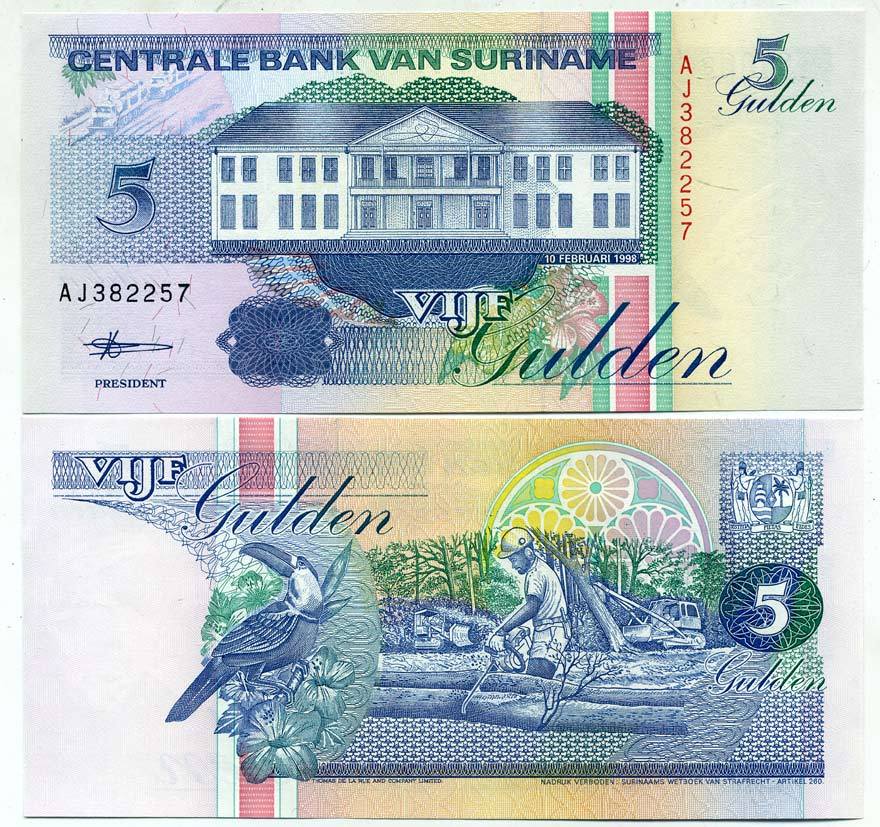 Суринам 5 гульденов 1998 здание Центрального банка, тукан Pick 136 b бумага UNC (пресс) 6280-66-1-1