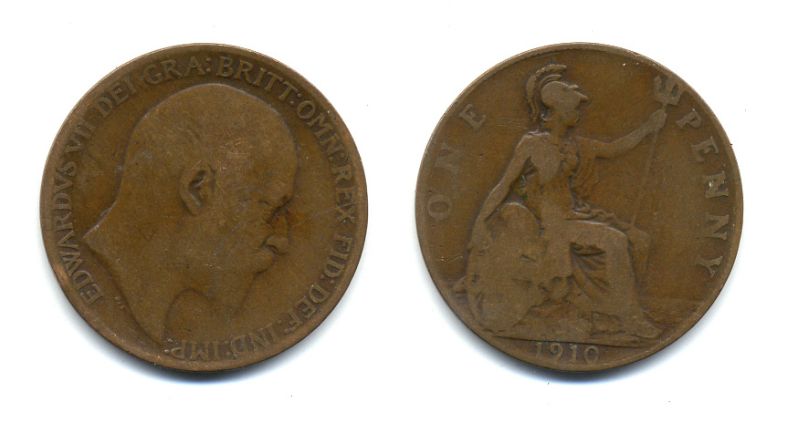 Великобритания 1 пенни 1910 Эдуард VII (1901-1910) KM 794.2, Spink 3990 бронза 47-733