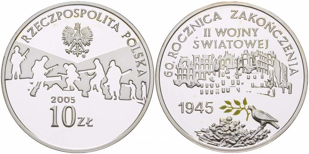 Польша 10 злотых 2005 MW, 60 лет окончания Второй мировой войны, голубь мира, цветная эмаль KM 554 серебро PROOF 1074-8-23