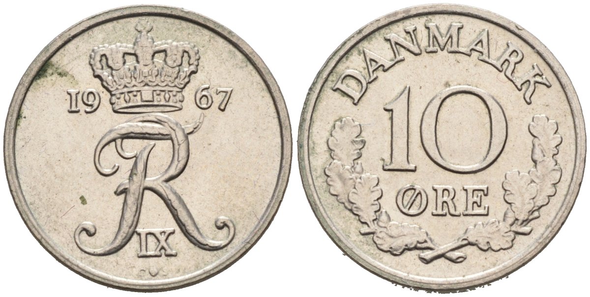 Дания 10 эре 1967 C; S, Фредерик IX (1947-1972) KM 849.1 медно-никель 4567-941