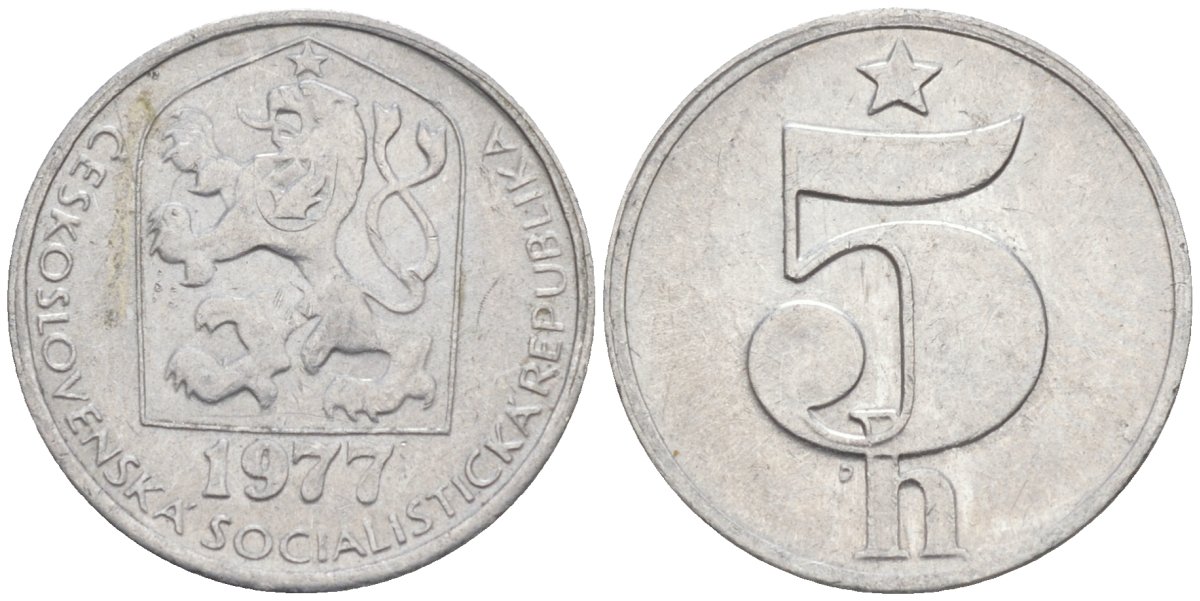 Чехословакия 5 геллеров 1977 социалистическая Республика KM 86 алюминий 187-545