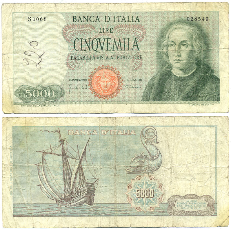Италия 5000 лир 1964 Кристофор Колумб, Парусник Санта Мария, Pick 98b бумага 7551-45-2-1
