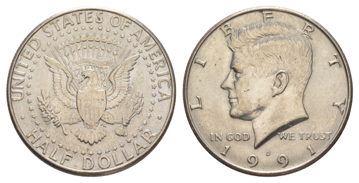 США 1/2 доллара (50 центов) 1991 D, Джон Кеннеди KM A202b медь плакированная медно-никелем aUNC 4367-1034